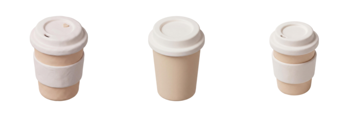 Set of three 3D rendered takeaway coffee cups with lids isolated on a transparent background for design