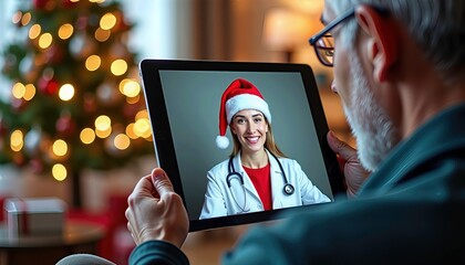 Christmas telemedicine concept, holiday health campaigns, virtual consultations, doctor in Santa hat,
