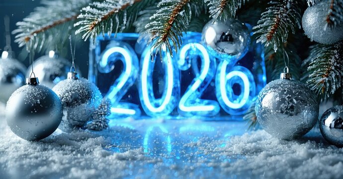 Festive scene shows bright neon 2026 surrounded by silver ornaments, pine branches, snow. Holiday greeting, new year celebration.