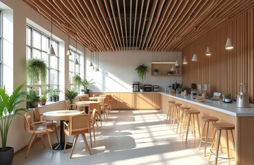 Modern office cafeteria with wood accents and natural light. Comfortable seating and ample workspace invite collaboration and relaxation. Plants add a touch of eco friendly nature.
