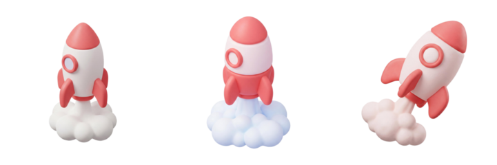 3D cartoon rocket launch with smoke clouds, symbolizing startup, innovation, progress, isolated on transparent background.