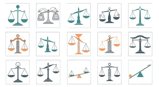 A collection of various balance scales and weighing instruments illustrating concepts of equilibrium and imbalance.