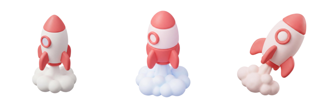 3D cartoon rocket launch with smoke clouds, symbolizing startup, innovation, progress, isolated on transparent background. - Powered by Adobe