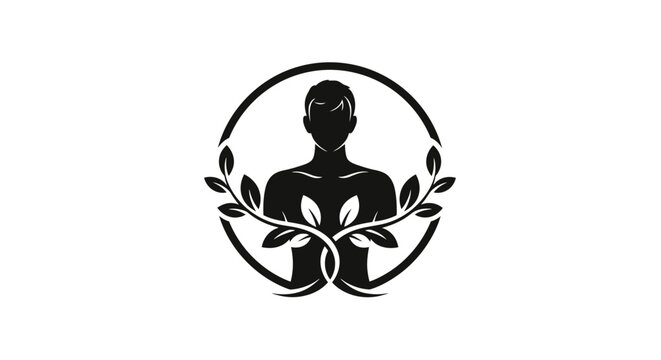 Monochrome logo of a person surrounded by a circle and leafy branches, symbolizing health, nature, and well-being.