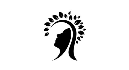 Black silhouette logo of a woman's profile with a leafy crescent crown representing natural beauty and mental wellness.
