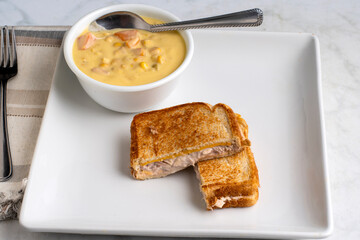 chicken corn chowder  with tuna melt sandwich