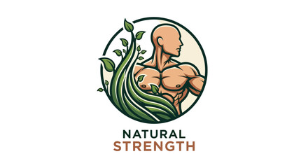 A powerful logo design featuring a muscular man intertwined with a leafy plant, symbolizing natural strength and vitality.