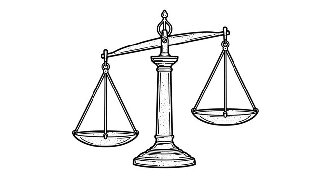 A classic black and white illustration of an unbalanced scale of justice, isolated on a white background.