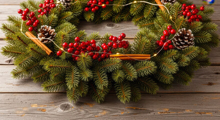 Festive christmas wreath with berries pinecones and cinnamon sticks