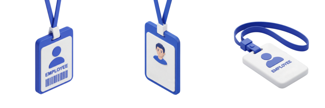 3D employee ID badge set with lanyard for corporate identity isolated on transparent background