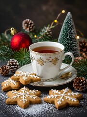 Christmas still life with ginger cookies, tea and festive holiday decorations on dark background