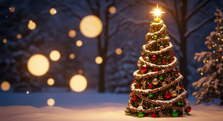 Festive christmas tree illuminated in a snowy winter wonderland