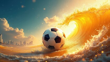 Fototapeta premium Artistic illustration features soccer ball inside gold wave. City skyline appears on background. Dynamic artwork portrays sport theme. Football concept design with water and sunlight.