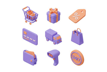 Modern 3D e-commerce business icon set for online shopping and payment solutions isolated on transparent background.