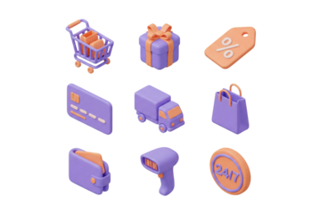 Modern 3D e-commerce business icon set for online shopping and payment solutions isolated on transparent background.