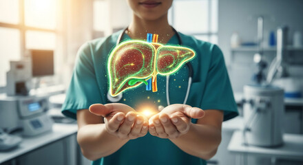 A woman in teal scrubs holds a glowing, colorful liver in her hands, symbolizing health, anatomy, and medical care, ideal for healthcare themes