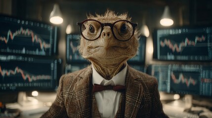 turtle stockbroker, glasses, suit, computer monitors showing stock charts, turtle trading, the frend is your friend
