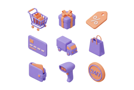 Modern 3D e-commerce business icon set for online shopping and payment solutions isolated on transparent background.