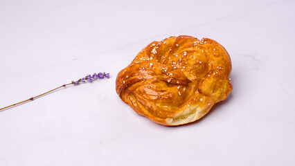 Fresh Sweet Pastry with Lavender on Minimal Background. 