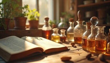 Close-up of perfumer workplace filled with glass bottles of essential oils book sunlight. Vintage workshop with natural ingredients fragrance production. Aromatherapy concept beauty products still