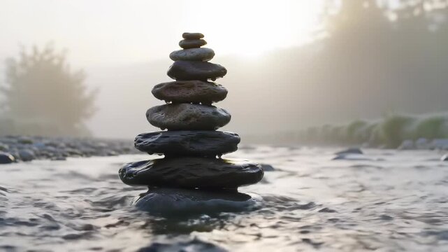 Stone Balance: Stacked rocks finding equilibrium in a misty morning river, a tranquil symbol of nature and meditation.