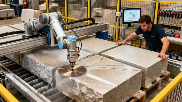 Dynamic medium shot of a collaborative robot performing repetitive stone cutting tasks alongside human operators illustrating seamless automation integration.