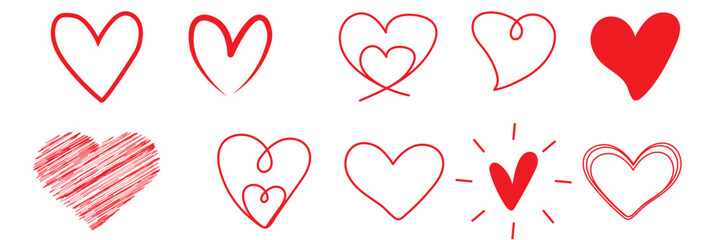 Collection of doodle sketch hearts hand drawn. Hand-drawn hearts set, doodle heart collection, sketch love symbols on white background. Heart doodle hand drawn scribble Valentine's Day romantic love.