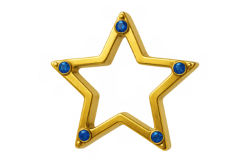 Gold five-pointed star icon with blue gems for success, quality, magic, and decoration on transparent background