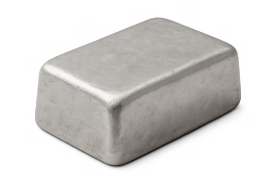 Silver bullion ingot bar representing investment, wealth, finance, and precious metals on a transparent background