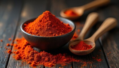 Close up photo shows paprika powder in bowl and wooden spoons. Red chili spice on dark wooden table. Ingredient for meal preparation cooking food recipes.