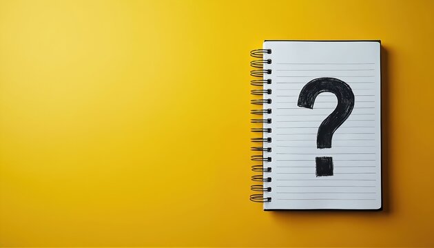 Large black question mark drawn on white lined notebook page. Empty copy space on yellow background. Blank paper for notes, ideas or inquiry.