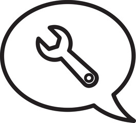 Black outline wrench icon inside a speech bubble on white background spanner tool