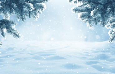Winter background .Merry Christmas and happy New Year greeting card with copy-space. Christmas landscape with snow and fir tree