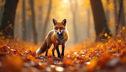 Naklejka premium Red fox stands alert in forest amidst fallen leaves. Sunlit autumn foliage creates warm glow. Wildlife observes surroundings in natural habitat.