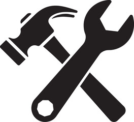 Black vector tools silhouette of a hammer and wrench crossed isolated on a white background. 