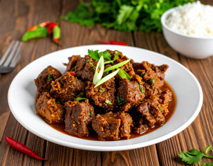 Beef rendang on a white plate. Served on the table.