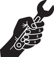 Black silhouette of a hand holding a wrench on a white background tool