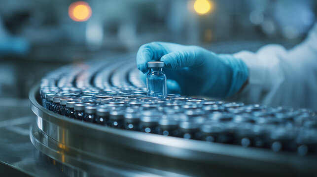 Close up of a pharmaceutical lab scientist pharmacist examining medical vials In a healthcare factory. Healthcare worker wearing blue PPE protective gloves
