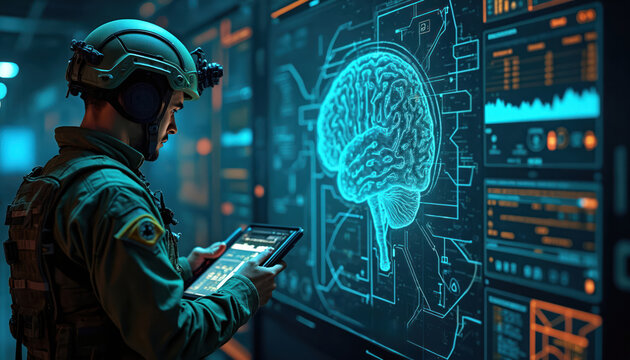 Soldier in helmet uses tablet near futuristic screen with brain data. Military tech expert views digital information in command center. Future warfare intelligence analysis system.
