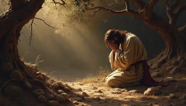 Jesus kneels in garden praying under olive tree before arrest. His face hidden, he expresses deep sorrow. Light rays illuminate scene of divine struggle and impending sacrifice.