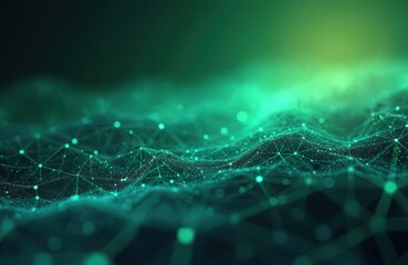 Abstract tech background image. Digital network data visualization showing connected lines. Green gradient futuristic illustration. Artificial intelligence concept. Communication, internet. Abstract