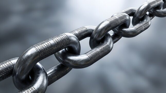 Cyber Security Concept with Digital Chain Link, Binary Code, Machine language level protection of Data, Data Security concept