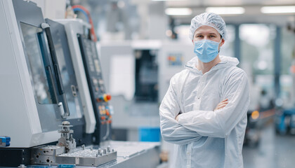 Male factory worker in safety gear standing in manufacturing facility