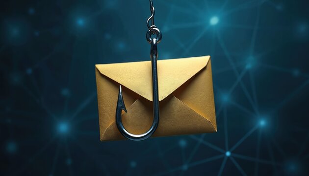Fishing hook pierces golden email envelope. Digital network background warns about online scam and cyber threat. Secure your data from fraud.