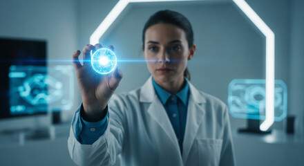 Female scientist in lab coat holding a glowing blue orb. Represents scientific advancement, research, technology, and innovation in futuristic setting