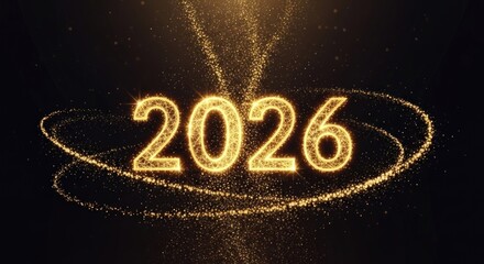 Glowing golden year 2026 floats in space with sparkly trails and elegant swirls