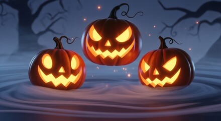 Obraz premium Glowing jack-o'-lanterns in fog, with dark stylized trees in background