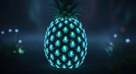 Glowing pineapple in a misty setting, illuminated with bright blue and green light