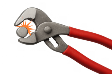Adjustable pliers with red handles gripping a metal object, creating an orange spark, on a transparent background