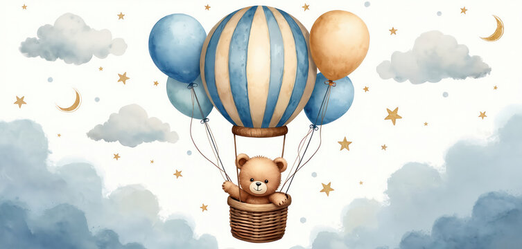 Cute teddy bear rides hot air balloon past soft clouds, golden stars and crescent moon. Adorable watercolor illustration perfect for baby shower invites, nursery decor, and kids party invites.